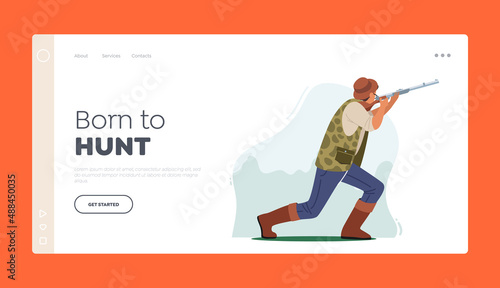 Hunting Hobby Landing Page Template. Hunter Shoot with Rifle, Sport or Outdoor Activity, Male Character Wear Camouflage