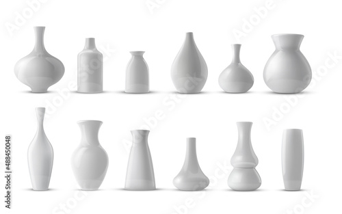 Realistic collection of white ceramic porcelain vase. 3d ceramic glossy pot set.