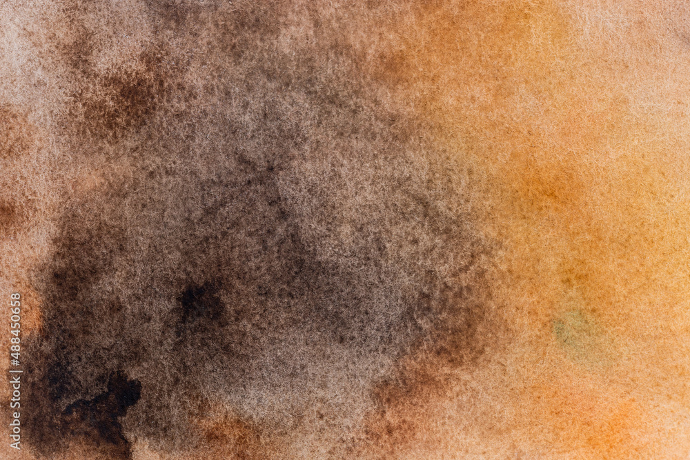 Warm and dark brown, ocher yellow, natural orange and beige hand painted watercolor background