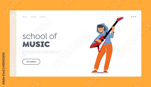 School of Music Landing Page Template. Boy Musician Playing Electric Guitar at Lesson in Musical School or Talent Show