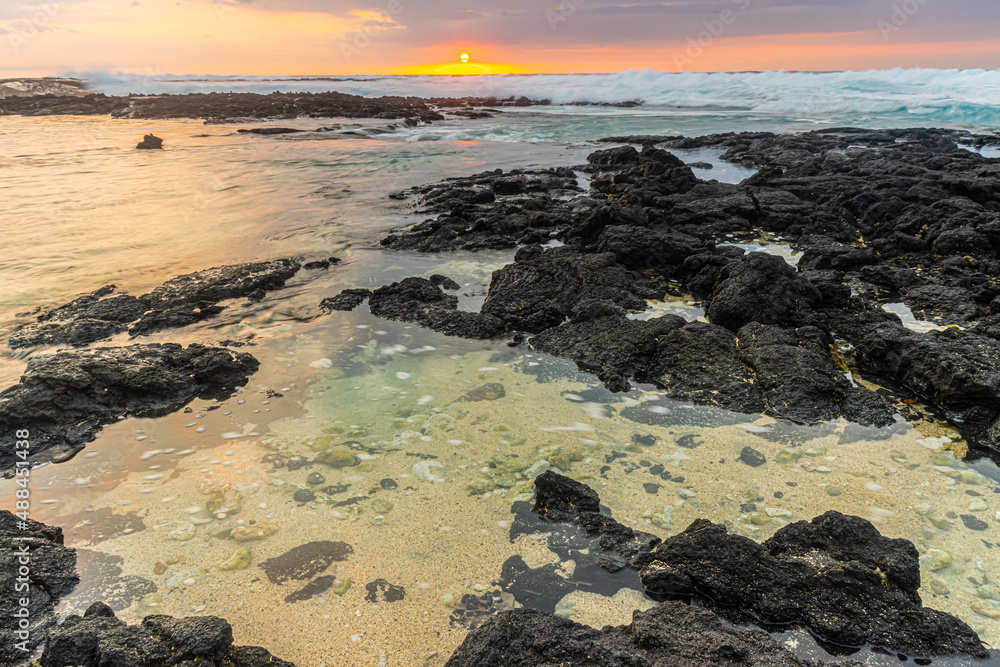Sunset Over Tide Pools at Miloloi'i Beach Park, Captain Cook, Hawaii Island, Hawaii, USA