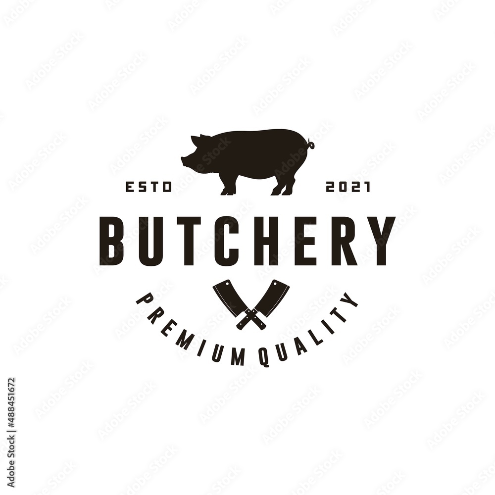 Pig, pork. vintage, retro for Butchery, typography Pork, pig silhouette