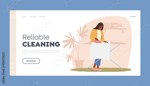 Female Character Housekeeping Work Landing Page Template. Home Chores, Housewife Ironing Clean Linen. Every Day Routine