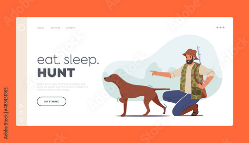 Hunter with Rifle and Dog Hunting in Forest Landing Page Template. Summertime Hobby, Sport or Outdoor Activity
