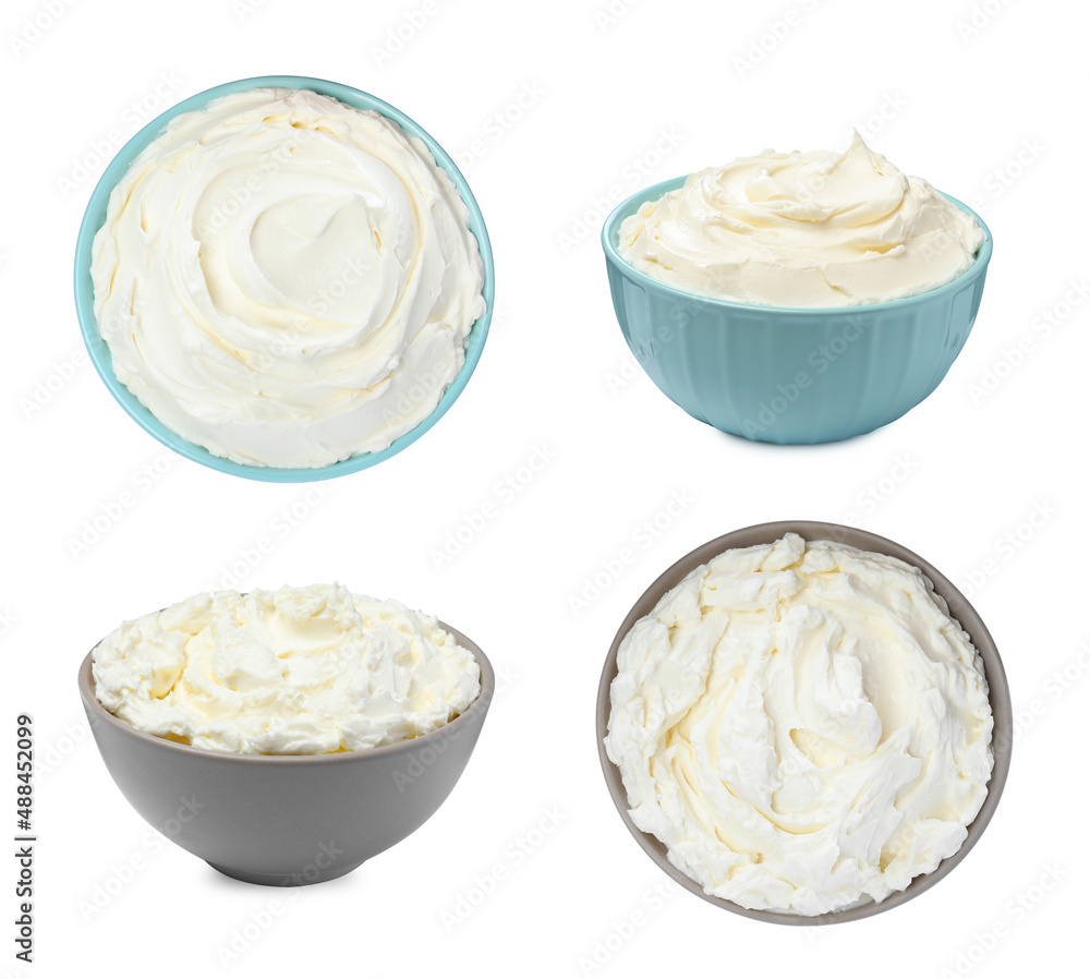 Tasty fresh cream cheese on white background Tasty fresh cream cheese on white background