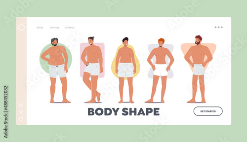 Body Shape Landing Page Template. Men Body Figure Types, Handsome Persons Posing. Male Characters Hourglass, Triangle
