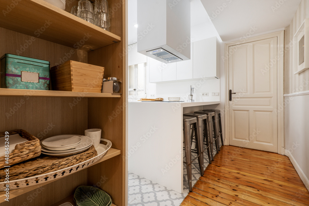 Kitchen with large plain white one-piece cabinet and stainless steel appliances with wooden floors and hydraulic stoneware and pantry with accessories at the entrance Kitchen with large plain white one-piece cabinet and stainless steel appliances with wooden floors and hydraulic stoneware and pantry with accessories at the entrance
