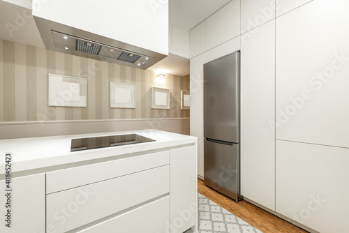 Kitchen with large smooth white one-piece cabinet and stainless steel appliances with wooden floors and hydraulic stoneware
