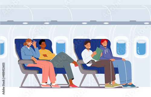 Young People Sitting at Comfortable Airplane Seats Reading Book, Relaxing, Sleeping during Flight, Passengers Air Travel