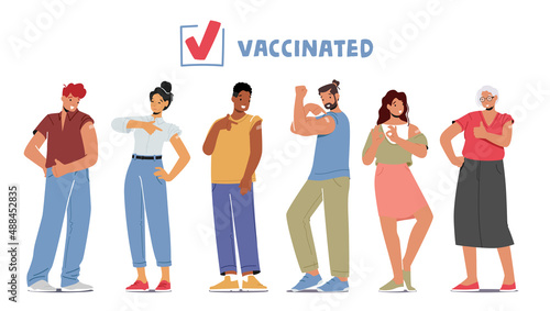 Set of Vaccinated People Show Patch and Positive Gestures, Male and female Characters Isolated on White Background