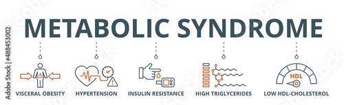 Symptoms of Metabolic Syndrome banner web icon vector illustration concept with an icon of Hypertension, Insulin Resistance, High Triglycerides, Low HDL-Cholesterol, Visceral Obesity photo