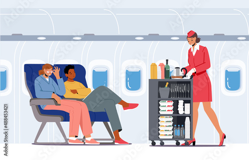 Airline Transportation Service, Airplane Crew and Passengers Flying in Plane. Stewardess Push Trolley with Drinks