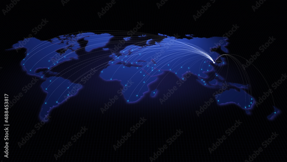 Obraz premium Global connectivity from Seoul, South Korea to other major cities around the world. Technology and network connection, trading and traveling concept. World map element furnished by NASA