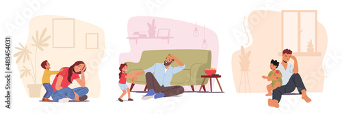 Set of Anxious Tired Dad and Mom with Little Children. Parents Depression, Tiredness, Anxiety. Depressed Characters