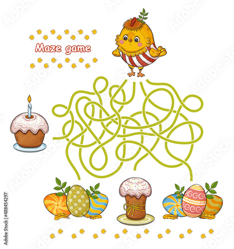 Maze education game. Help Easter rooster chicken find path to colored eggs, holiday paschal cakes. Cute newborn chick bird. Children labyrinth puzzle, search road. Preschool kid logical page. Vector