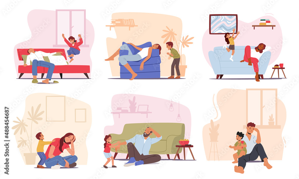 Set of Tired Parents with Hyperactive Children at Home, Fatigue Dad and Mom Characters Sleep while Kids Playing