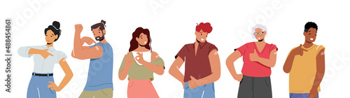 Set of Young Persons Immunization, Vaccination, Health Care Concept. Vaccinated People, Positive Characters Show Patch