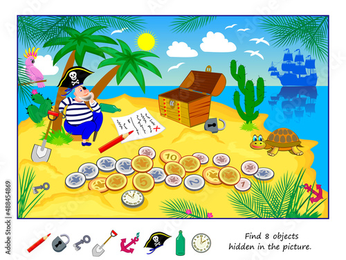 Logic puzzle game for kids. Find 8 objects hidden in the picture. Educational page for children. Developing counting skills. Play online. IQ test. Task for attentiveness. Cartoon vector illustration.