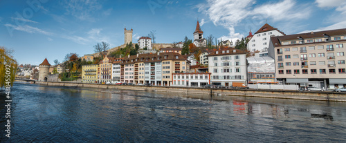 Panoramic view of Luzern Skyline with Reuss River and Musegg Wall (Museggmauer) - Lucerne, Switzerland