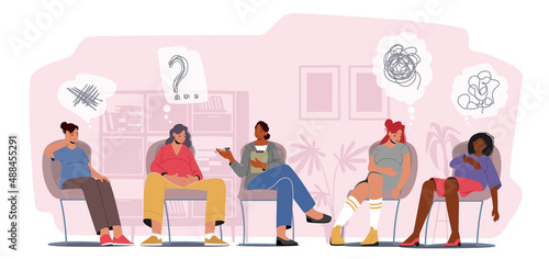 Group of Pregnant Women Visit Childbirth or Psychology Support Courses. Couch Female Character Speaking to Audience