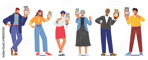 Vaccinated Men and Women Using Digital Health Passports of Vaccination. Young and Elderly Characters Show Certificate