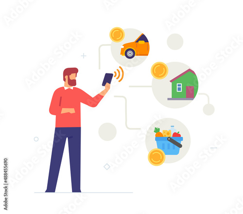 Man uses a smartphone, favorable tariff, mobile operator, package of services, payment, mortgage, application, contributions illustration. Smartphones tablets user interface online shopping.Flat