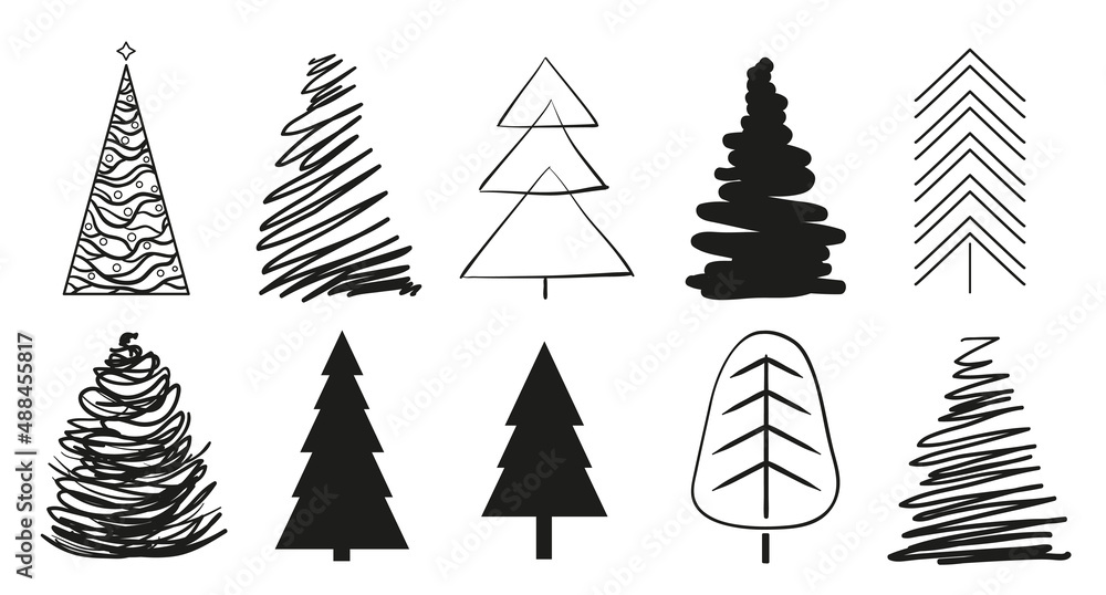 Fototapeta premium Christmas trees on white. Set for icons on isolated background. Geometric art. Objects for polygraphy, posters, t-shirts and textiles. Black and white illustration