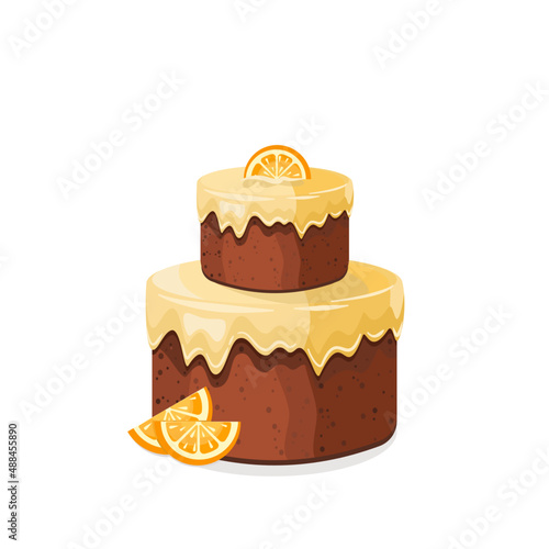 Tort czekoladowy z waniliową polewą i pomarańczami. Ciasto urodzinowe - piętrowe. Wektorowa ilustracja. Słodkie jedzenie, kolorowy pyszny deser na przyjęcie.