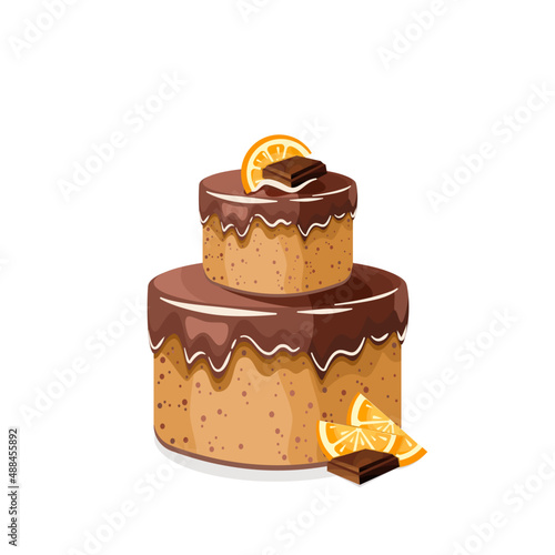 Pyszny tort z czekoladową polewą i pomarańczami. Ciasto urodzinowe - piętrowe. Wektorowa ilustracja. Słodkie jedzenie, kolorowy pyszny deser na przyjęcie.