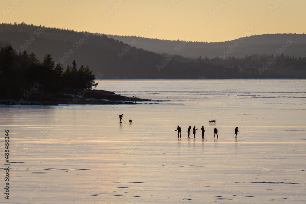 Naklejka premium Group of Young People Skating on Frozen River at Sunset