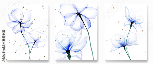 Transparent flowers in pastel blue colors. Gorgeous floral vector background. Luxury botanical watercolor art poster for decoration, invitation, design