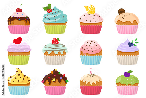 Cupcakes with cream and chocolate set. Sweet muffin collections decorated with cherry  blackberry and mint  candle  lemon  cookie  strawberry. Pastries sprinkled with tasty crumbs. Vector illustration