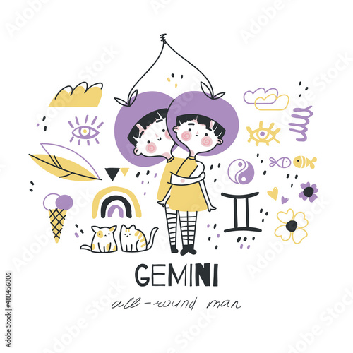Gemini zodiac sign illustration. Astrological horoscope symbol character for kids. Colorful card with graphic elements for design. Hand drawn vector in cartoon style with lettering