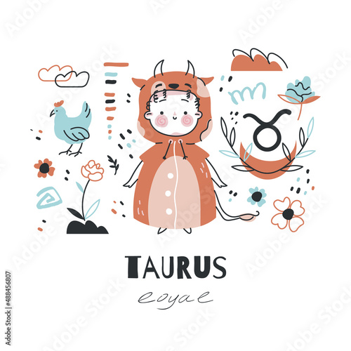 Taurus zodiac sign illustration. Astrological horoscope symbol character for kids. Colorful card with graphic elements for design. Hand drawn vector in cartoon style with lettering