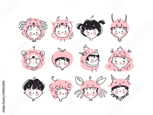 Set of funny cute baby faces with different emotions. Collection of profile pictures of boys and girls. Comic heads of characters in animal costumes. Hand drawn vector illustration in cartoon style