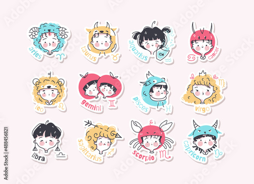 Set of zodiac signs stickers. Comic faces of characters of astrological horoscope symbols. Collection of cute pictures with heads of girls and boys. Hand drawn vector illustration in cartoon style