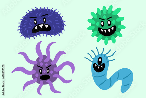 Fototapeta Naklejka Na Ścianę i Meble -  Set Colorful bacteria virus germs make sick cartoon illustration