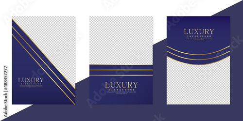 Abstract violet luxury background with golden lines in paper cut style. Vector poster or banner template set EPS10
