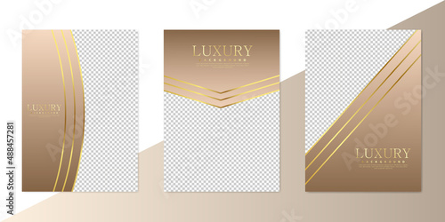 Abstract brown and beige luxury background with golden lines in paper cut style. Vector poster or banner template set EPS10