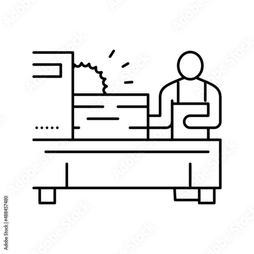 worker cutting wooden timber with sawmill machine line icon vector illustration
