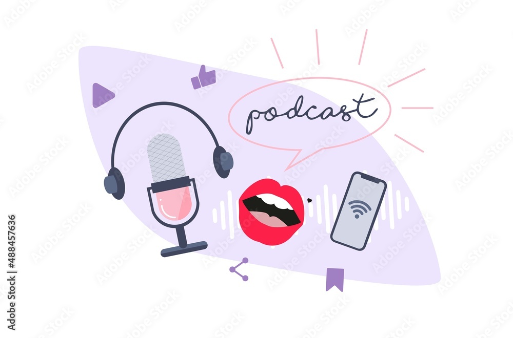 Artistic podcast cover design. female podcast. Set different podcasting stuff. Flat cartoon illustration with different podcast elements. Podcast recording and listening, online broadcasting Artistic podcast cover design. female podcast. Set different podcasting stuff. Flat cartoon illustration with different podcast elements. Podcast recording and listening, online broadcasting