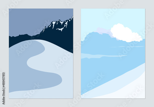 Minimalist landscape poster design, snow mountains and sky