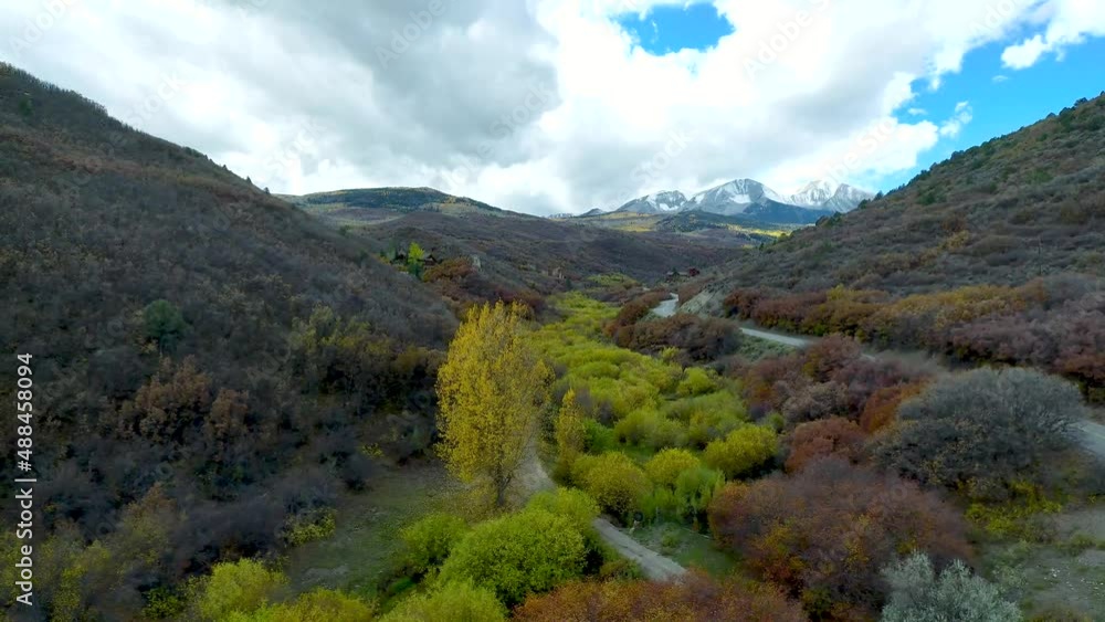 Mountain Valley Aerial Pan Shot with Aspen Trees and Clouds in Sky Mountain Valley Aerial Pan Shot with Aspen Trees and Clouds in Sky