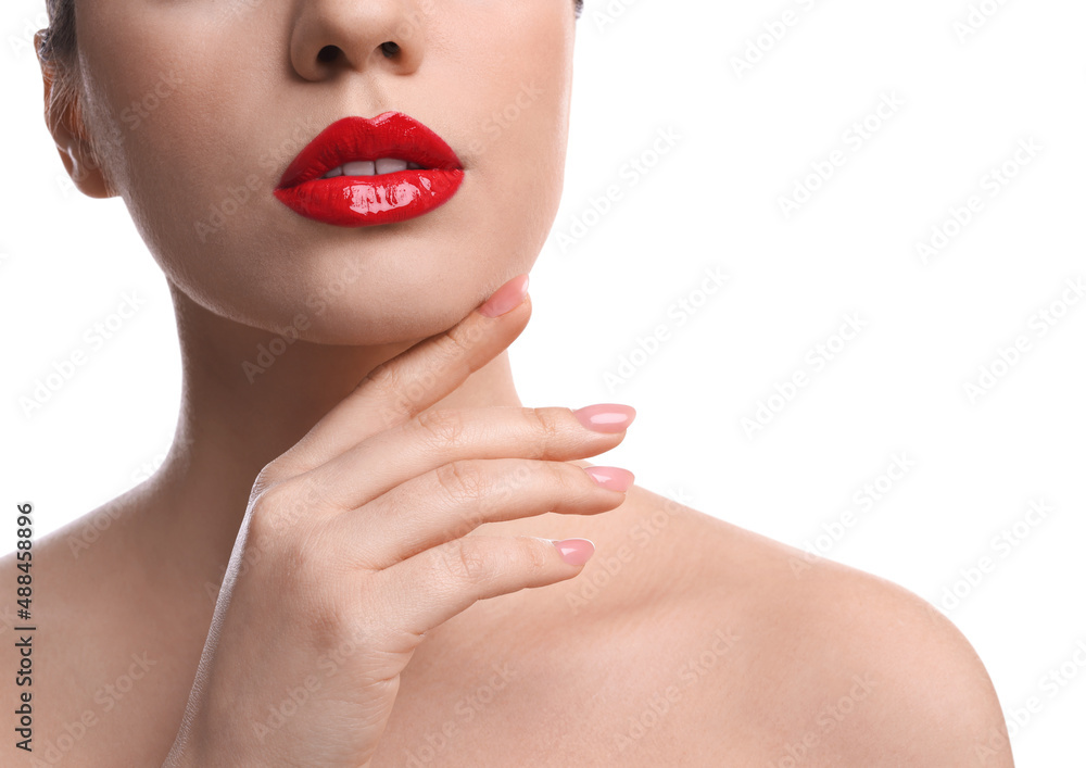 Closeup view of woman with beautiful full lips on white background Closeup view of woman with beautiful full lips on white background