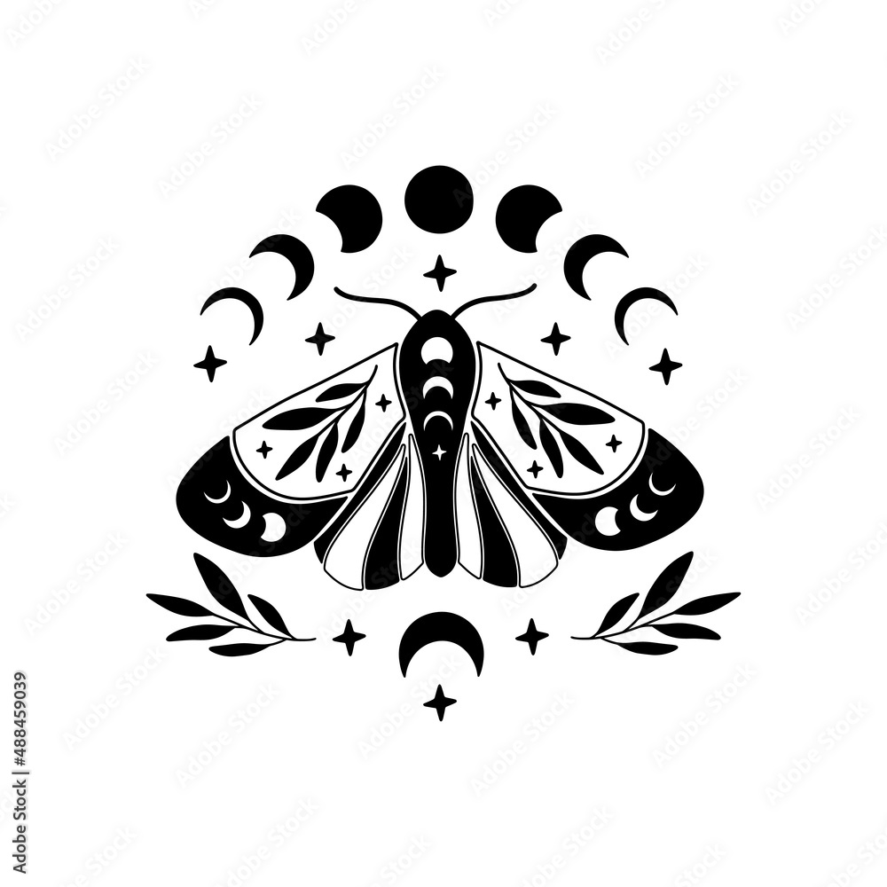 Celestial butterfly vector illustration. Mystical moon moth with moon ...