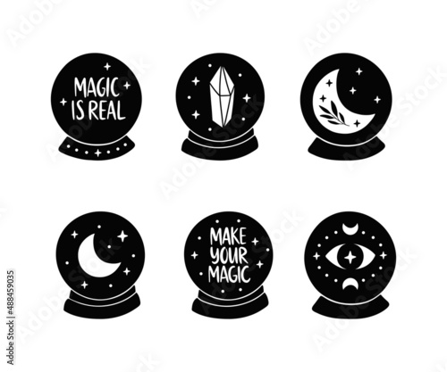 Magic crystal ball vector illustration. Hand drawn fortune teller with moon, evil eye. Witch spiritual symbol isolated on white background. Witchcraft and mystical clipart. Halloween party graphic.
