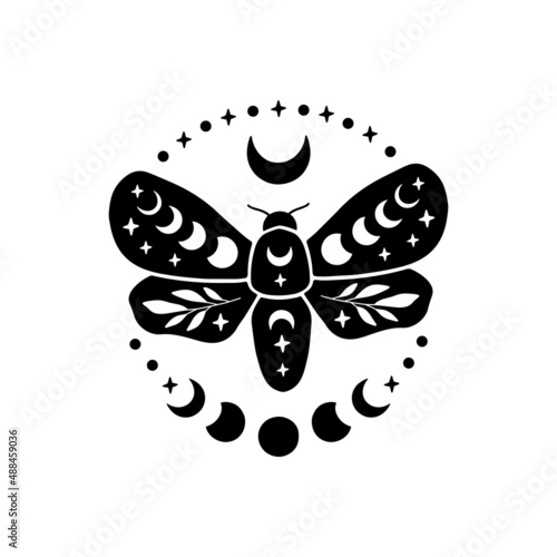 Celestial butterfly vector illustration. Mystical moon moth with moon phases. Boho magic insect on white background. Template for modern poster, card, t shirt print, trendy tattoo.