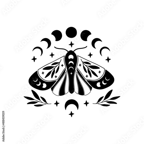 Celestial butterfly vector illustration. Mystical moon moth with moon phases. Boho magic insect on white background. Template for modern poster, card, t shirt print, trendy tattoo.
