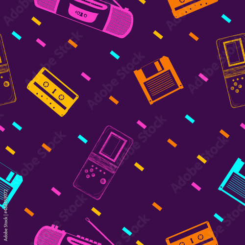 vector multicolored seamless background with objects from 90s