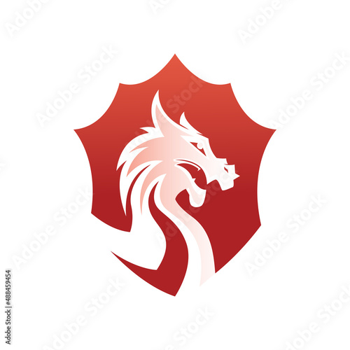 Dragon shield badge vector, dragon head negative space logo design